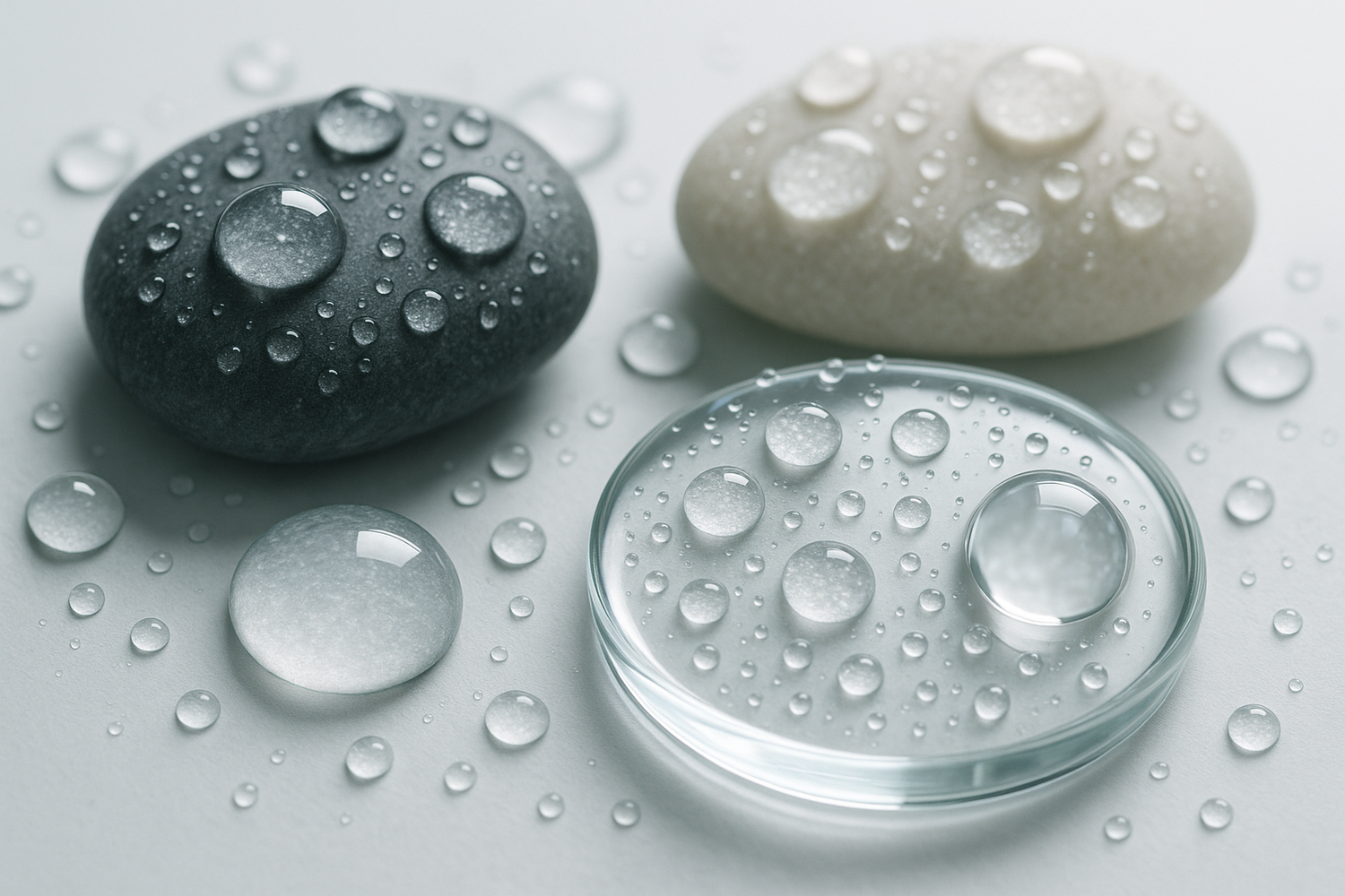 Water droplets on smooth stones or glass to symbolize hydration